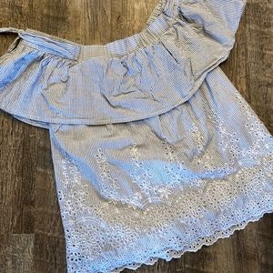 Blue Rain Blue & White Seersucker Off Shoulder Top